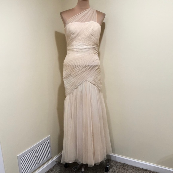 Monique Lhullier Wedding Dress Size 0P 0 Petite Cream Pleated Lace One Shoulder - Picture 2 of 13